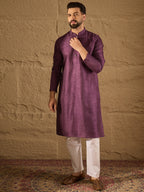 Men Purple Silk Blend Solid Embroidered Straight Kurta with Trouser-MKSET1288