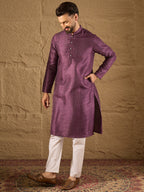 Men Purple Silk Blend Solid Embroidered Straight Kurta with Trouser-MKSET1288