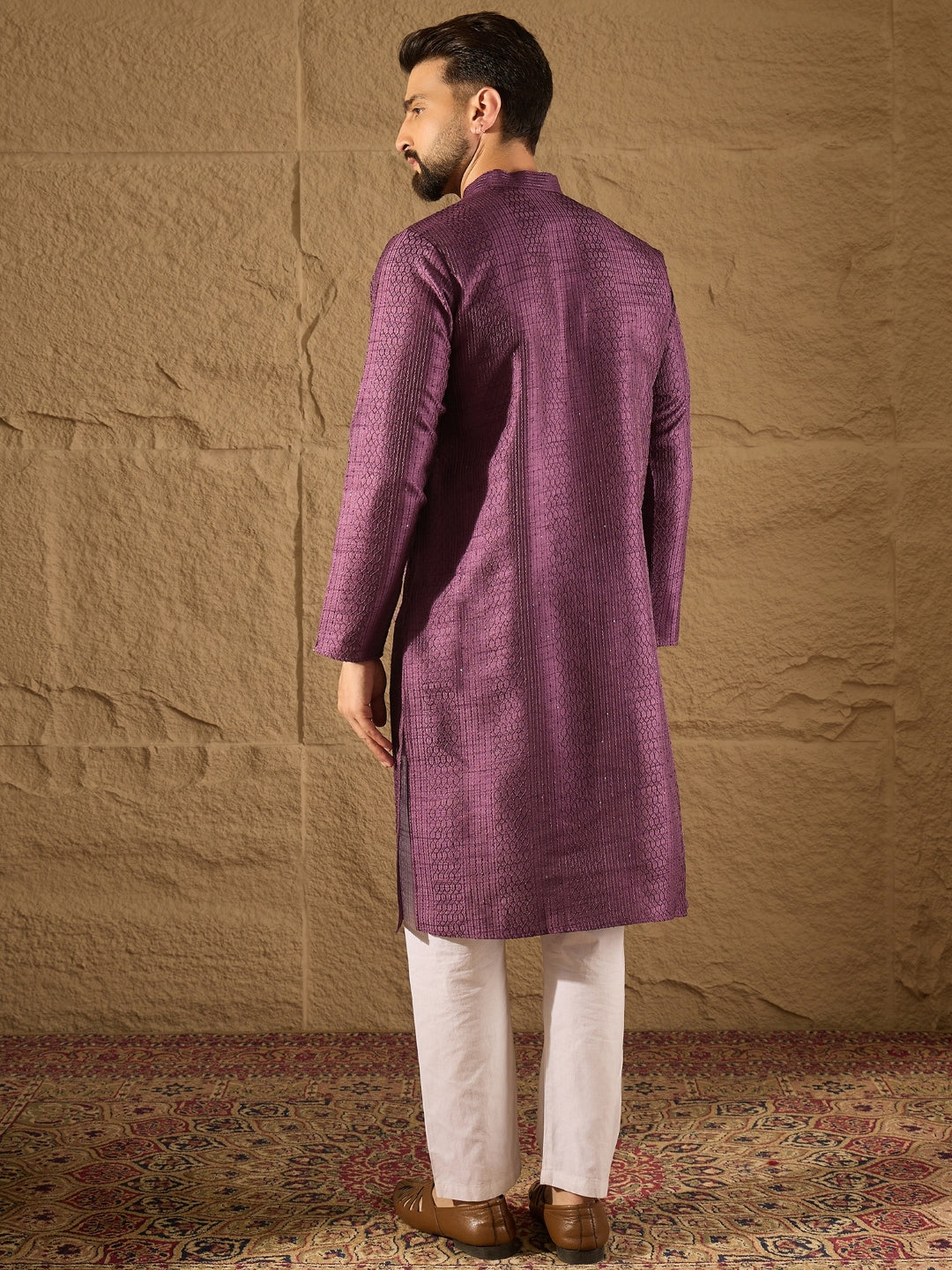 Men Purple Silk Blend Solid Embroidered Straight Kurta with Trouser-MKSET1288