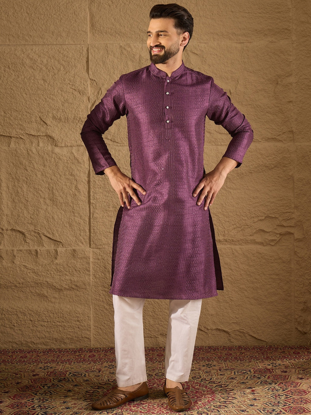 Men Purple Silk Blend Solid Embroidered Straight Kurta with Trouser-MKSET1288