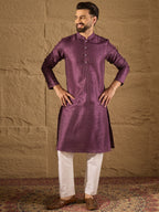 Men Purple Silk Blend Solid Embroidered Straight Kurta with Trouser-MKSET1288