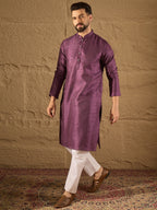 Men Purple Silk Blend Solid Embroidered Straight Kurta with Trouser-MKSET1288