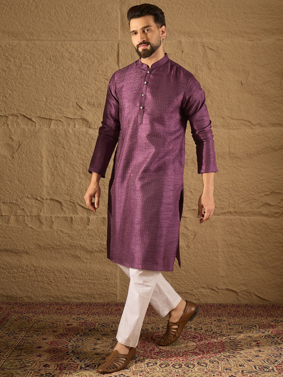 Men Purple Silk Blend Solid Embroidered Straight Kurta with Trouser-MKSET1288
