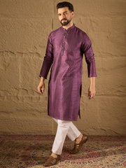 Men Purple Silk Blend Solid Embroidered Straight Kurta with Trouser-MKSET1288