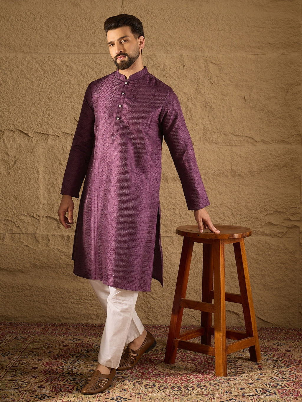 Men Purple Silk Blend Solid Embroidered Straight Kurta with Trouser-MKSET1288