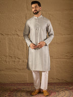 Men Grey Silk Blend Solid Embroidered Straight Kurta with Trouser-MKSET1289