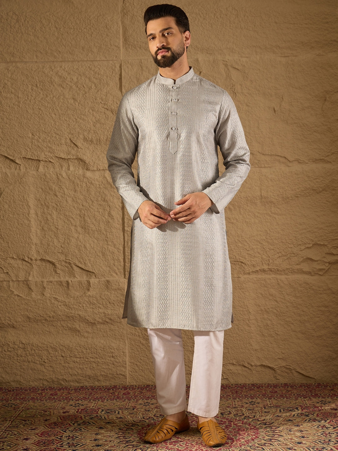 Men Grey Silk Blend Solid Embroidered Straight Kurta with Trouser-MKSET1289