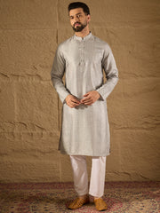 Men Grey Silk Blend Solid Embroidered Straight Kurta with Trouser-MKSET1289