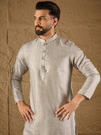 Men Grey Silk Blend Solid Embroidered Straight Kurta with Trouser-MKSET1289