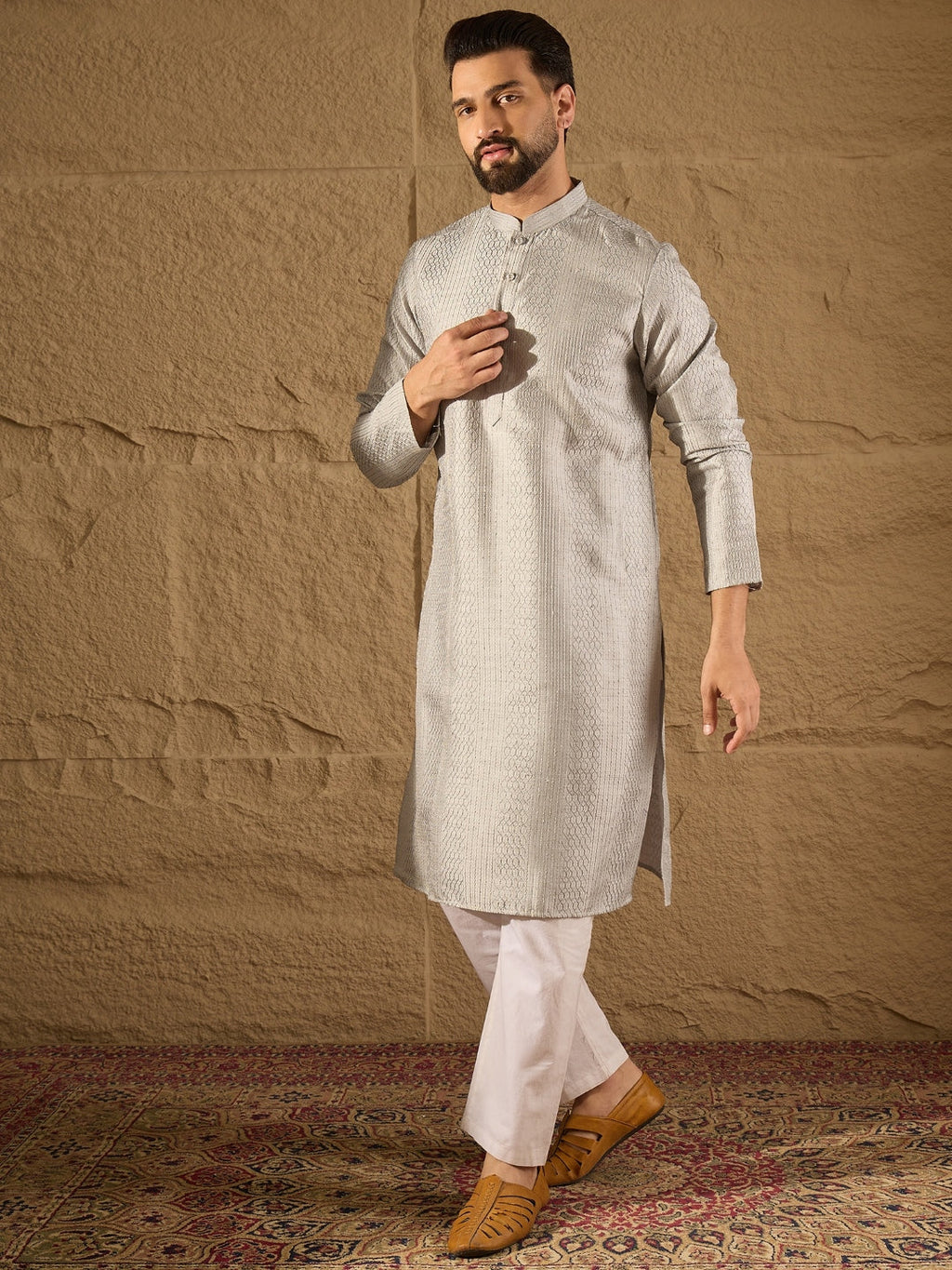 Men Grey Silk Blend Solid Embroidered Straight Kurta with Trouser-MKSET1289