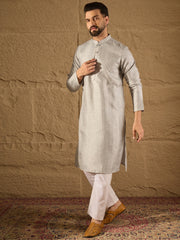 Men Grey Silk Blend Solid Embroidered Straight Kurta with Trouser-MKSET1289