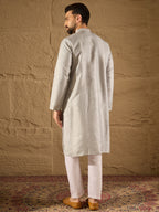 Men Grey Silk Blend Solid Embroidered Straight Kurta with Trouser-MKSET1289