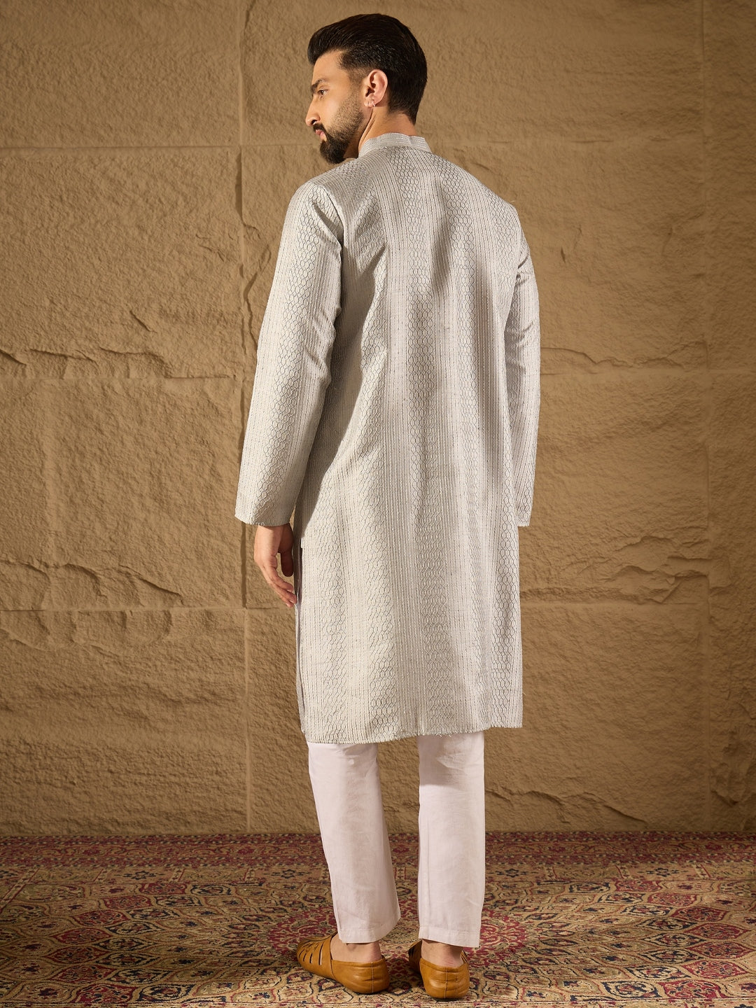 Men Grey Silk Blend Solid Embroidered Straight Kurta with Trouser-MKSET1289