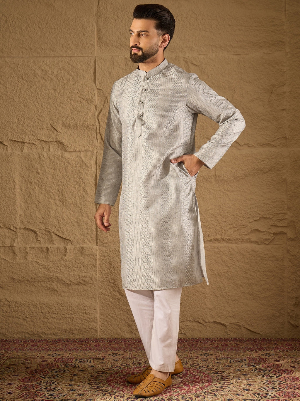 Men Grey Silk Blend Solid Embroidered Straight Kurta with Trouser-MKSET1289