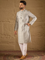 Men Grey Silk Blend Solid Embroidered Straight Kurta with Trouser-MKSET1289