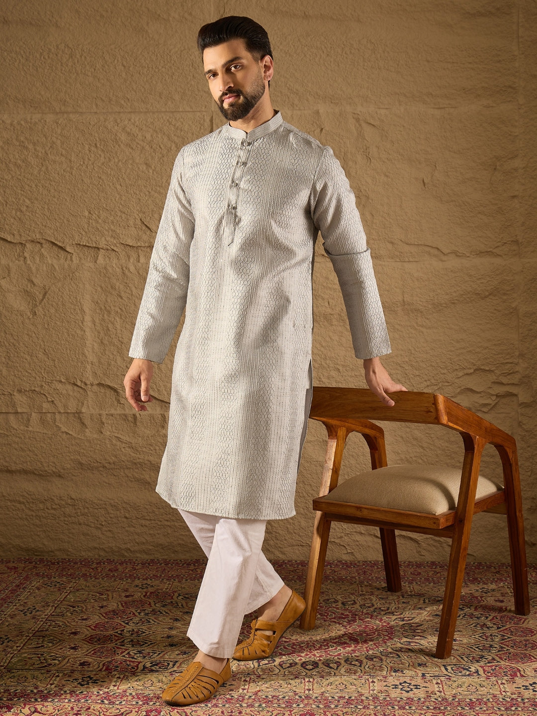 Men Grey Silk Blend Solid Embroidered Straight Kurta with Trouser-MKSET1289