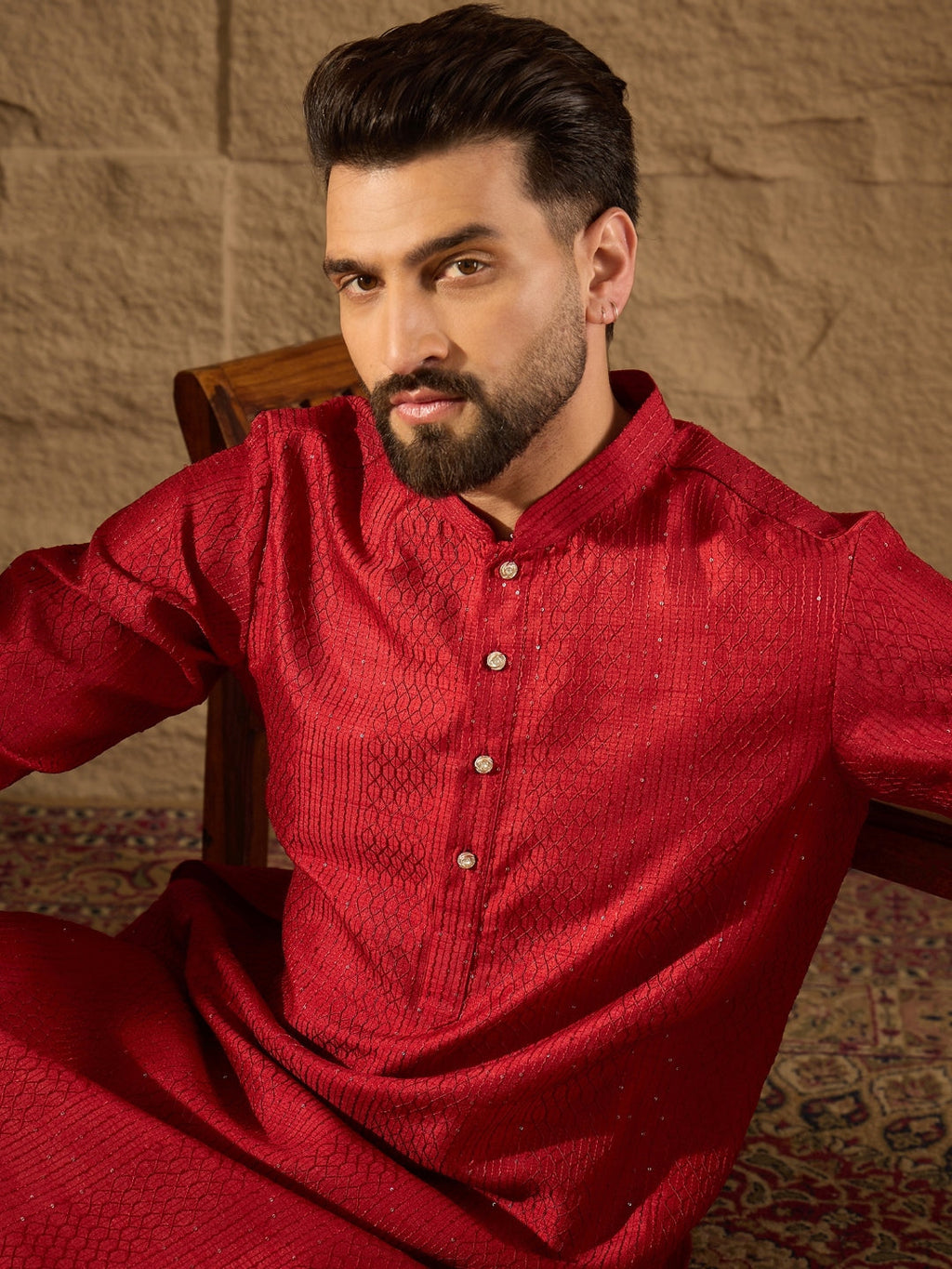 Men Red Silk Blend Solid Embroidered Straight Kurta with Trouser-MKSET1290