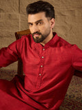 Men Red Silk Blend Solid Embroidered Straight Kurta with Trouser-MKSET1290