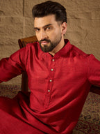 Men Red Silk Blend Solid Embroidered Straight Kurta with Trouser-MKSET1290