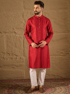 Men Red Silk Blend Solid Embroidered Straight Kurta with Trouser-MKSET1290