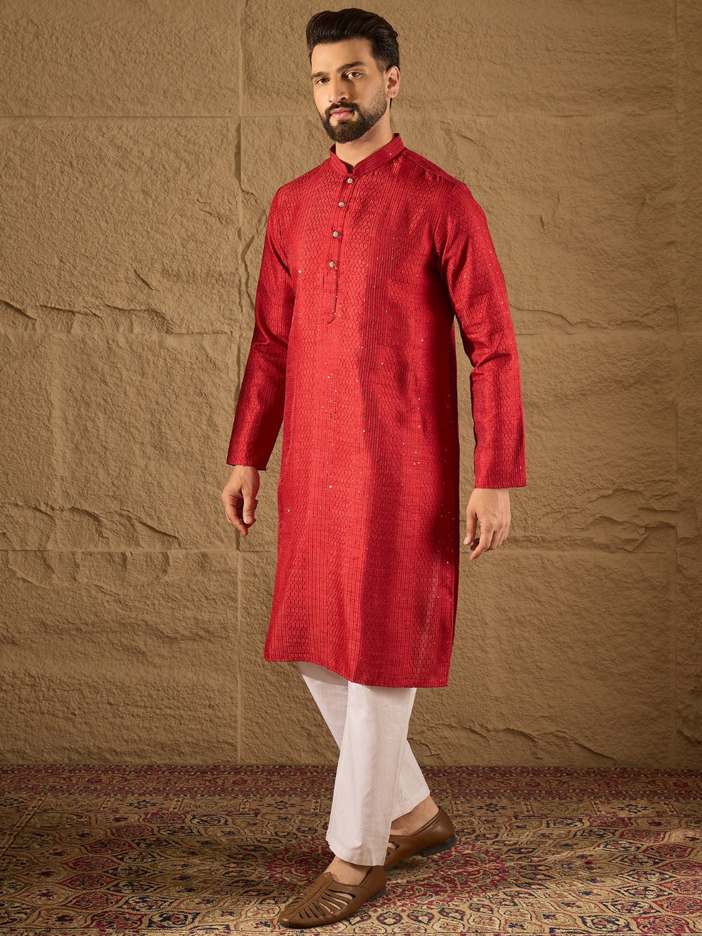 Men Red Silk Blend Solid Embroidered Straight Kurta with Trouser-MKSET1290