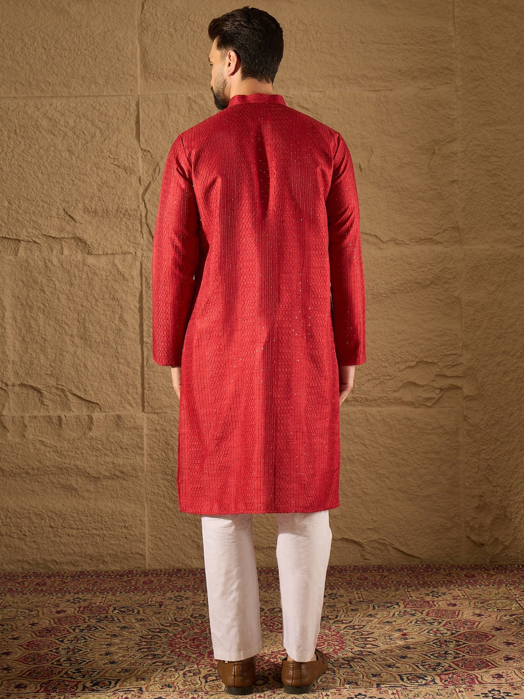 Men Red Silk Blend Solid Embroidered Straight Kurta with Trouser-MKSET1290