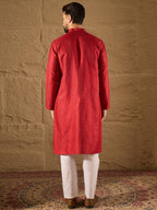 Men Red Silk Blend Solid Embroidered Straight Kurta with Trouser-MKSET1290