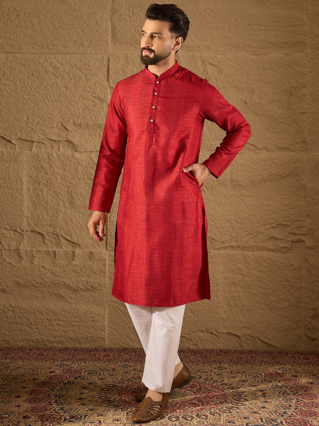 Men Red Silk Blend Solid Embroidered Straight Kurta with Trouser-MKSET1290