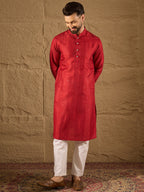 Men Red Silk Blend Solid Embroidered Straight Kurta with Trouser-MKSET1290