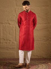 Men Red Silk Blend Solid Embroidered Straight Kurta with Trouser-MKSET1290