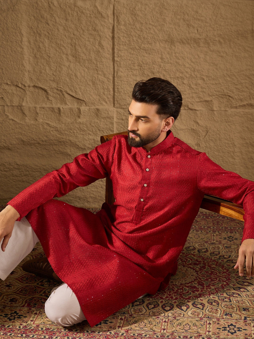 Men Red Silk Blend Solid Embroidered Straight Kurta with Trouser-MKSET1290