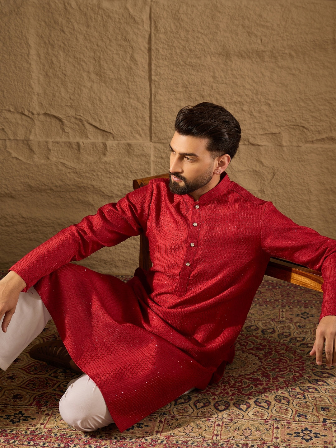 Men Red Silk Blend Solid Embroidered Straight Kurta with Trouser-MKSET1290