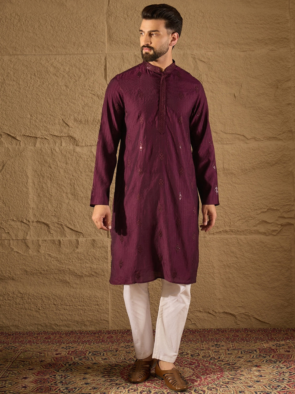 Men Purple Viscose Rayon Solid Embroidered Straight Kurta with Trouser-MKSET1291