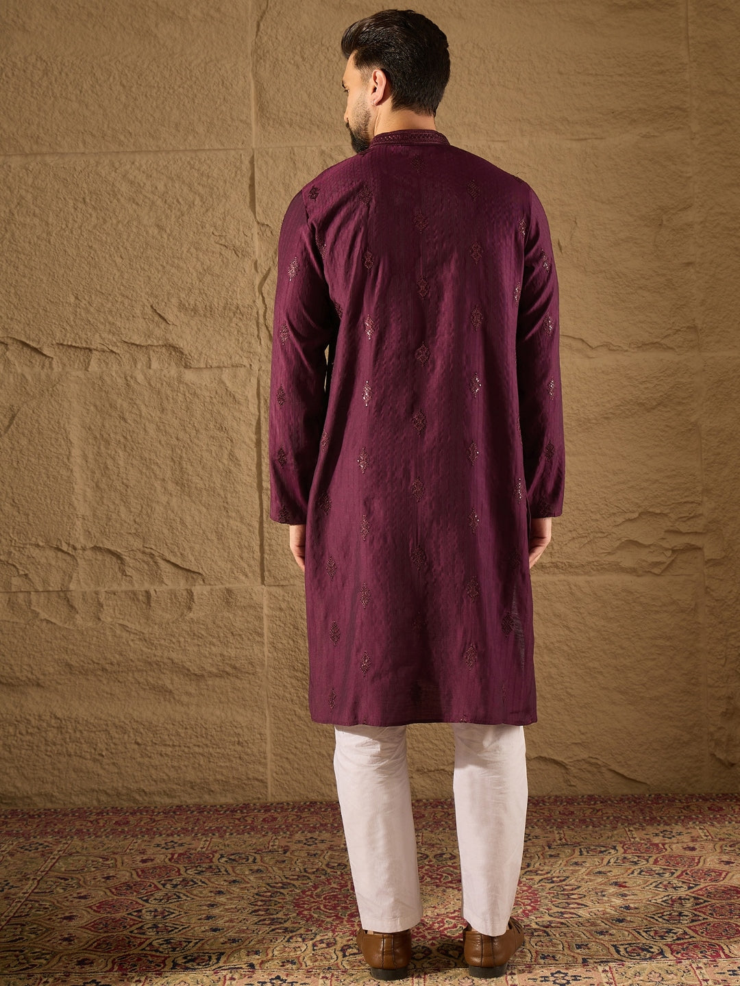 Men Purple Viscose Rayon Solid Embroidered Straight Kurta with Trouser-MKSET1291