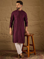Men Purple Viscose Rayon Solid Embroidered Straight Kurta with Trouser-MKSET1291