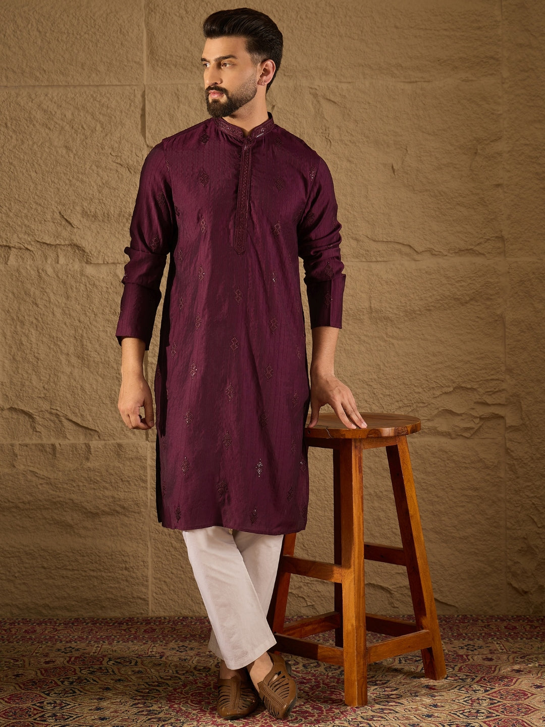 Men Purple Viscose Rayon Solid Embroidered Straight Kurta with Trouser-MKSET1291