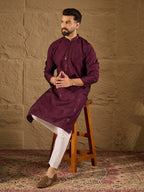Men Purple Viscose Rayon Solid Embroidered Straight Kurta with Trouser-MKSET1291