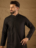 Men Black Silk Blend Solid Embroidered Straight Kurta with Trouser-MKSET1292