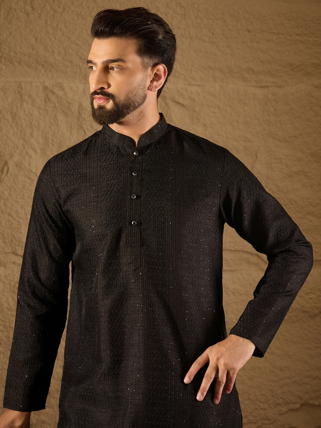Men Black Silk Blend Solid Embroidered Straight Kurta with Trouser-MKSET1292