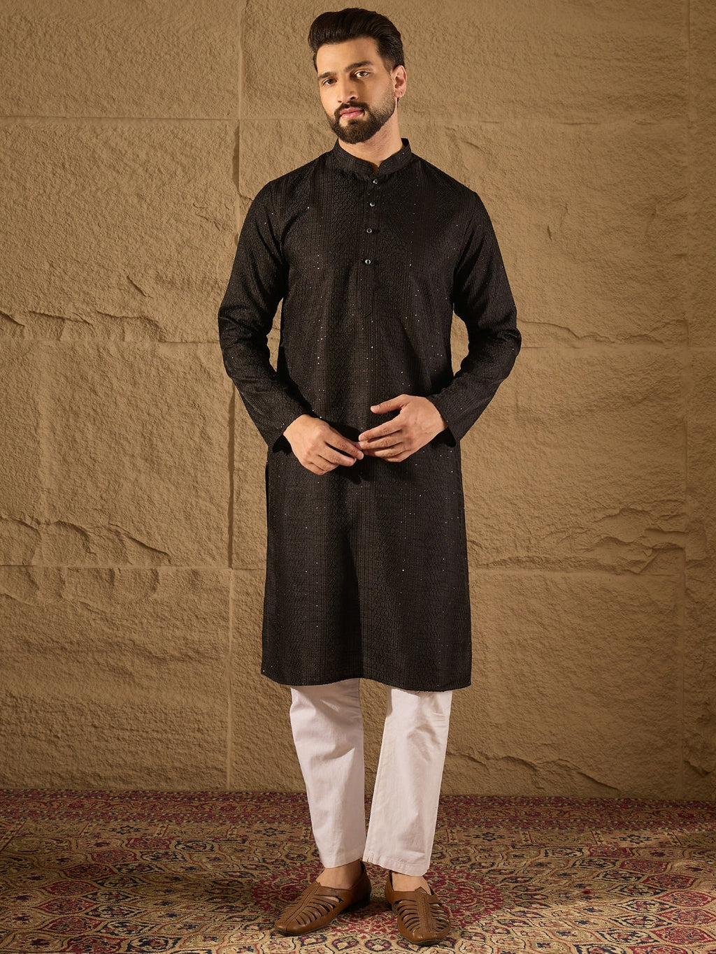 Men Black Silk Blend Solid Embroidered Straight Kurta with Trouser-MKSET1292