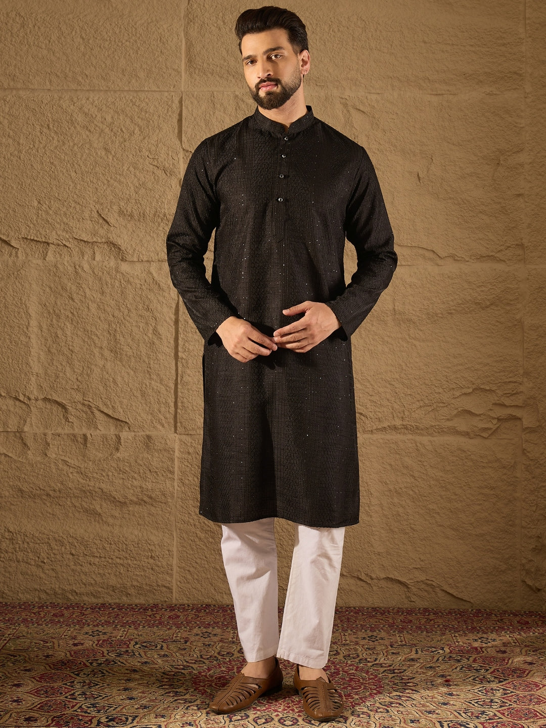 Men Black Silk Blend Solid Embroidered Straight Kurta with Trouser-MKSET1292