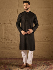 Men Black Silk Blend Solid Embroidered Straight Kurta with Trouser-MKSET1292
