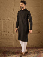 Men Black Silk Blend Solid Embroidered Straight Kurta with Trouser-MKSET1292