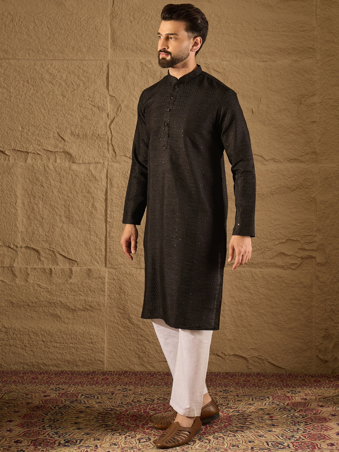 Men Black Silk Blend Solid Embroidered Straight Kurta with Trouser-MKSET1292