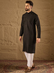 Men Black Silk Blend Solid Embroidered Straight Kurta with Trouser-MKSET1292