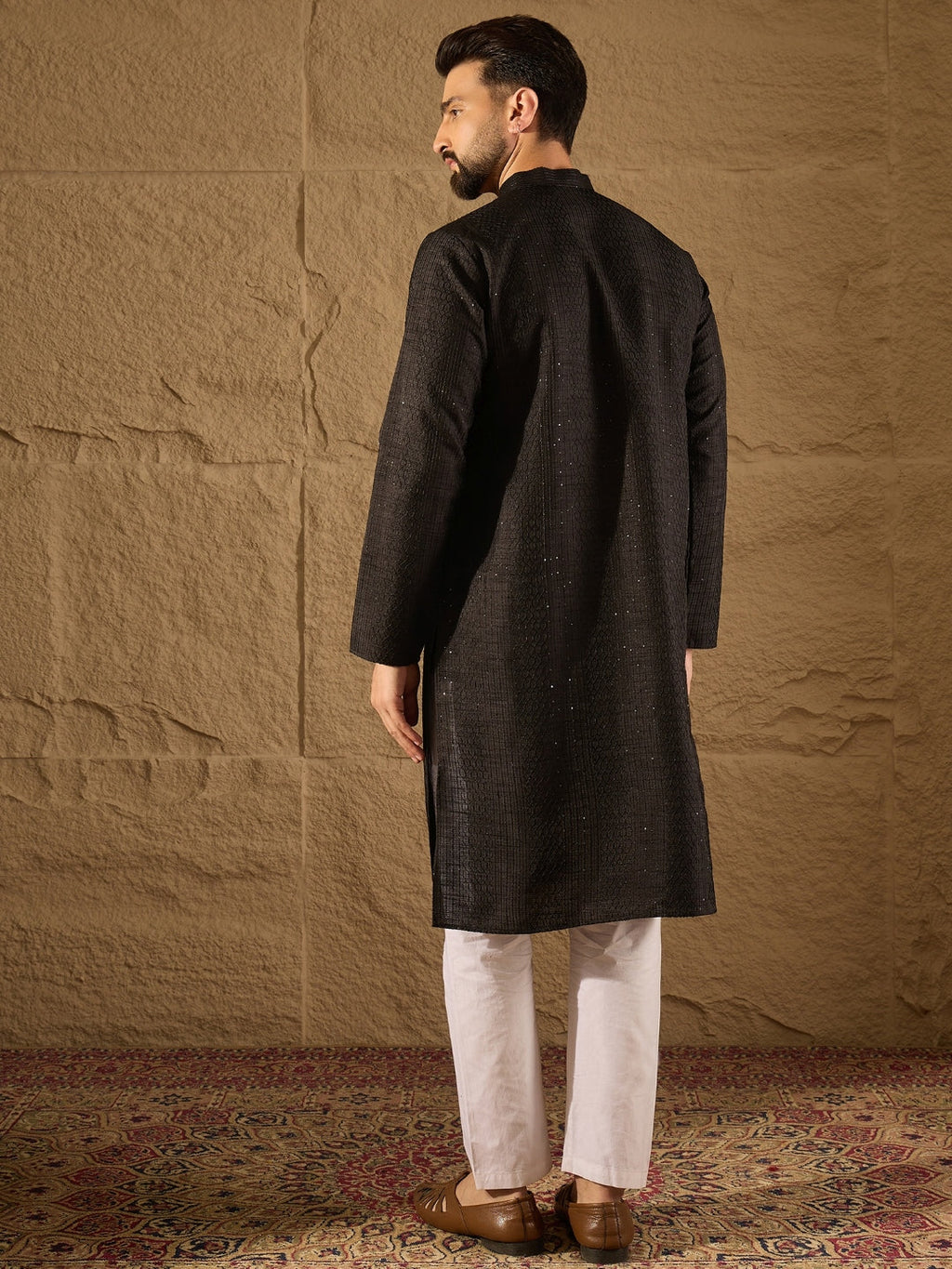Men Black Silk Blend Solid Embroidered Straight Kurta with Trouser-MKSET1292