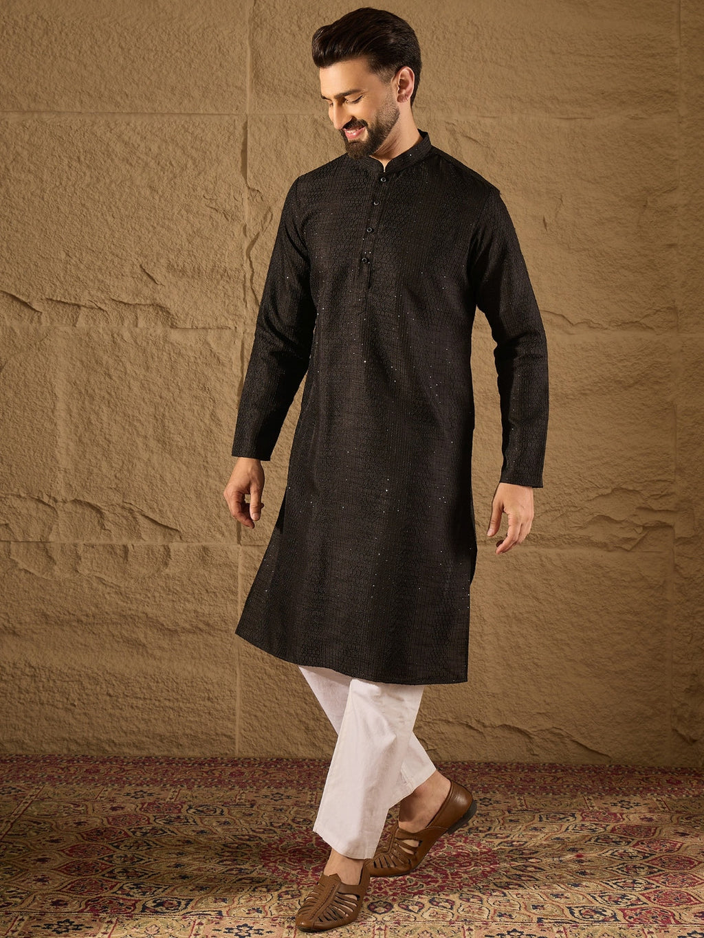 Men Black Silk Blend Solid Embroidered Straight Kurta with Trouser-MKSET1292