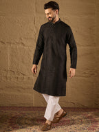 Men Black Silk Blend Solid Embroidered Straight Kurta with Trouser-MKSET1292