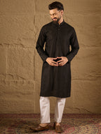Men Black Silk Blend Solid Embroidered Straight Kurta with Trouser-MKSET1292