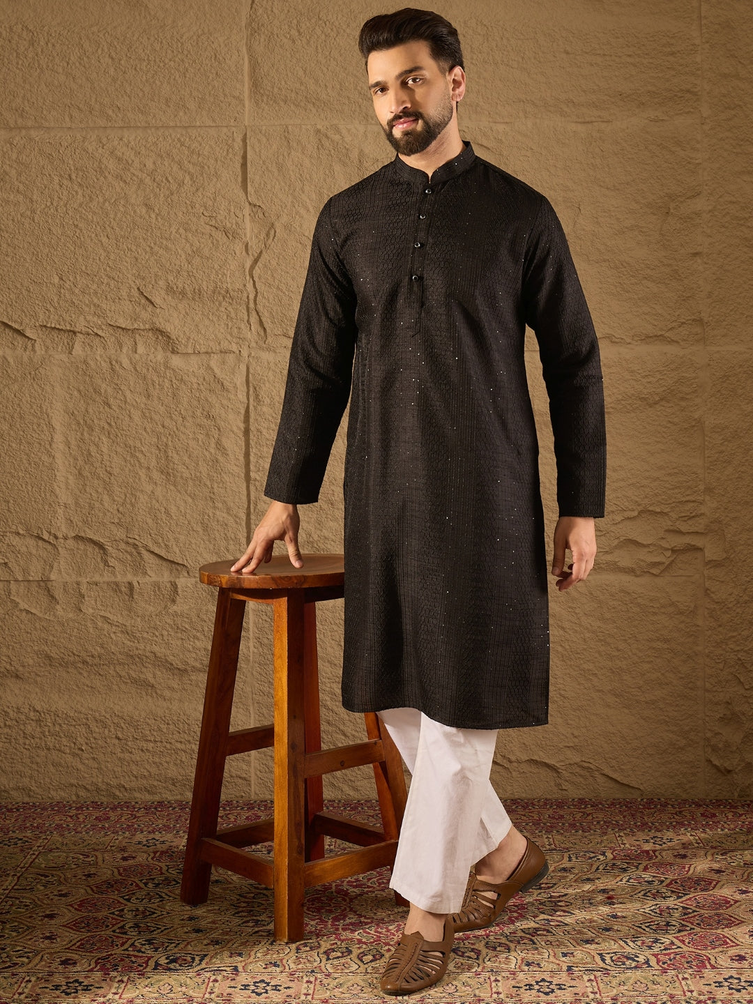 Men Black Silk Blend Solid Embroidered Straight Kurta with Trouser-MKSET1292